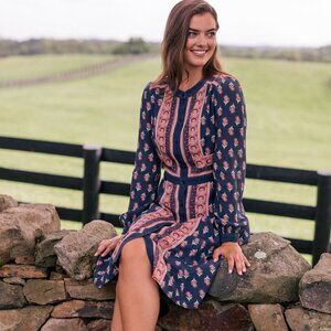 Carlene Print Button Front Long Sleeve Dress In Navy